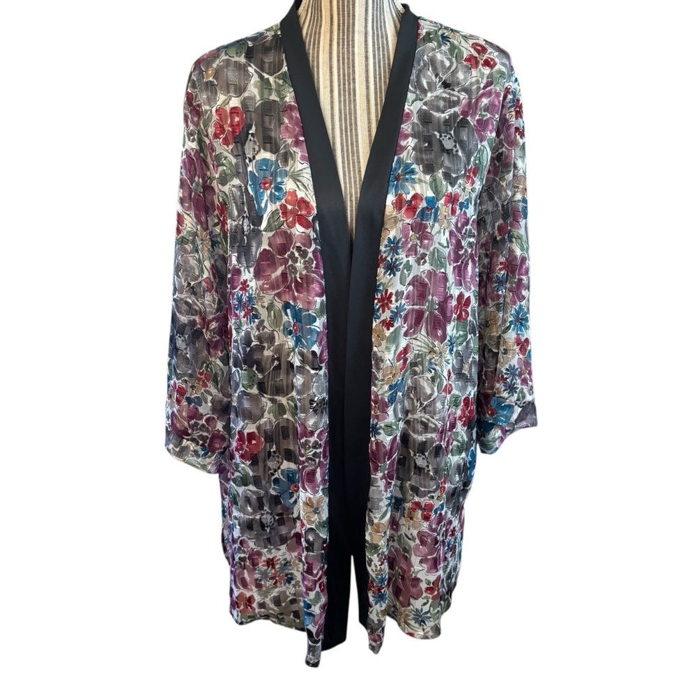 Vintage BonWorth Kimono Robe XL Floral Sheer Metallic Accents Black Satin Trim